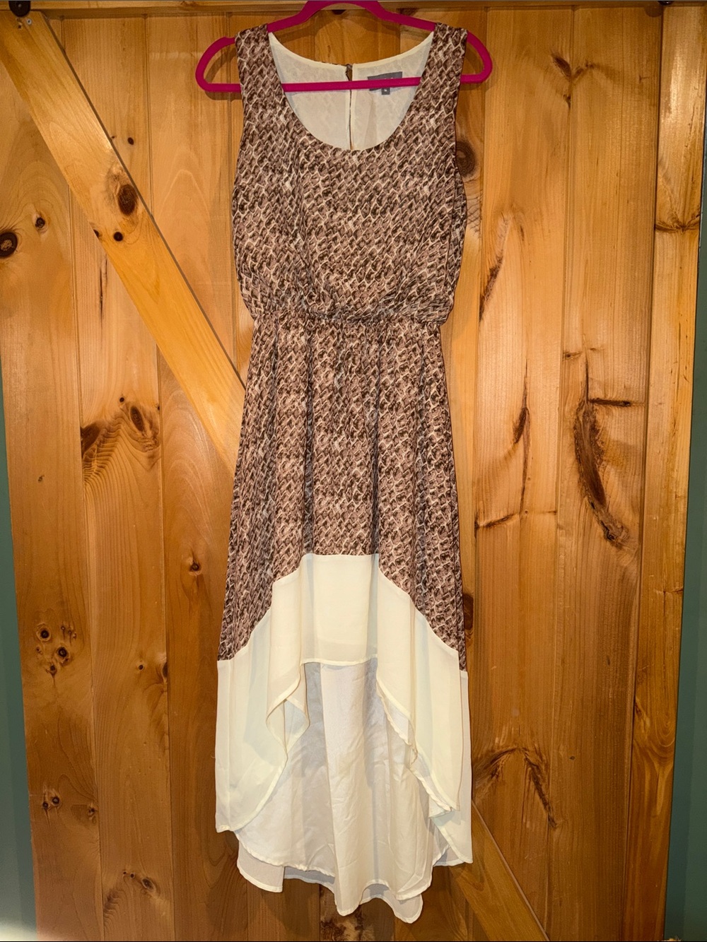 Sleeveless Brown Patterned High-Low Dress with Cream Hem